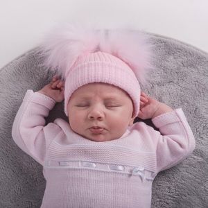 Pink Mom & Baby Hat Set Winter Beanie Hats Parent-Child Pompom Knit Hat